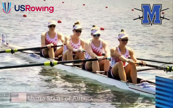 In her Olympic debut Class of 2018 alumna Kate Knifton sits in the stroke seat for the Team USA Women's Four boat today at the Paris Olympics. Knifton and her teammates placed fourth out of five teams in Heat 1. On Tuesday, the team will get a second change to qualify for Thursday's event final. Photo courtesy of Kristin Koenig Brewer.