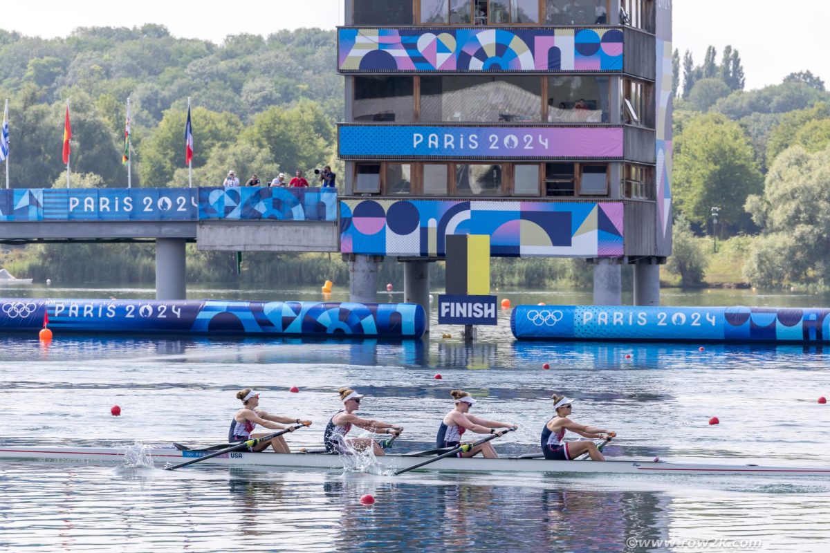 The United States women's four crew—Emily Kallfelz (Jamestown, R.I.), Kelsey Reelick (Brookfield, Conn.), Daisy Mazzio-Manson (Wellesley, Mass.) and Mac alum Kate Knifton (rowing in the stroke seat), crosses the finish line in today's women's four finals at the Vaires-sur-Marne Nautical Stadium. After falling back, the U.S. boat made up ground to pass China in the final 500 meters for fifth place. “I think we had a really clear goal of how we wanted the piece to go," Knifton said of her crew's finals performance. "We’re all emotional because we really felt like we gave it our all, and of course, everyone wanted to do well for each other, even more than for ourselves, and I think we really executed it the best we could have on the day." Photo by Erik Dresser, row2k.com. Reposted here under a usage agreement between USRowing and row2k.com.