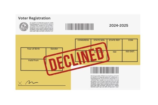 Graphic of a declined voter registration card. The card symbolizes the challenges new Texas voters face when trying to reach the polls. 