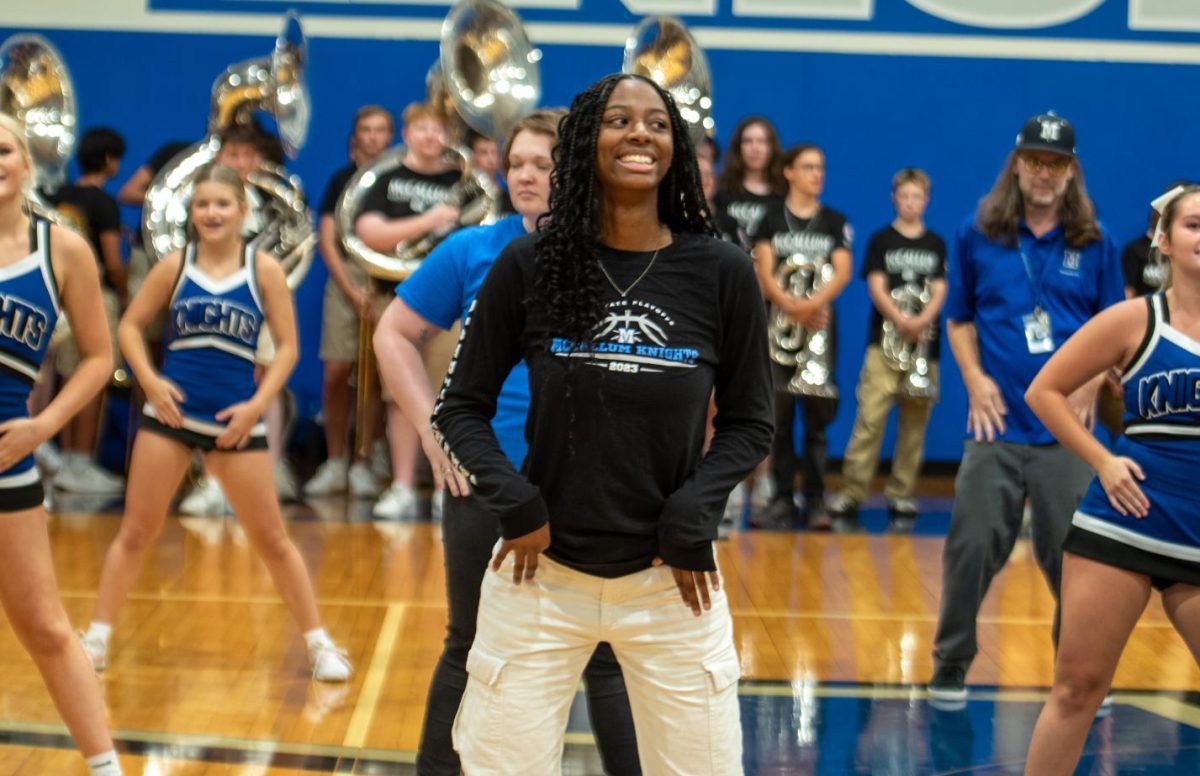 First-year math teacher Jada Stewart dances at the Teacher Pep Rally on Sept. 20.