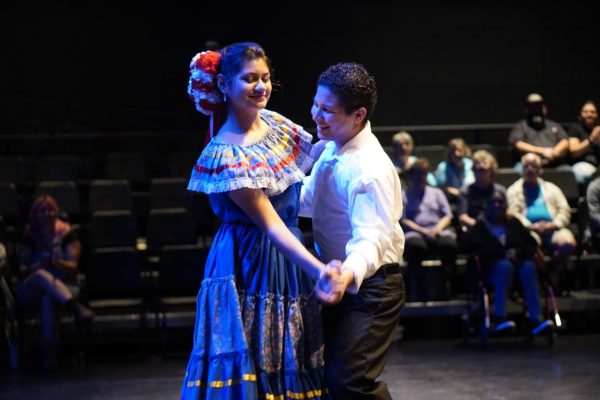 Ballet Folklórico troupe members Jose Miguel Yemez Montaner and
Valeria Elizondo dance the traditional Jarabe Tapatío during the 11 a.m. showcase at the Day of Dance last Saturday at the Austin ISD PAC. The troupe close the showcase with three routines, and this dance was the middle one.

