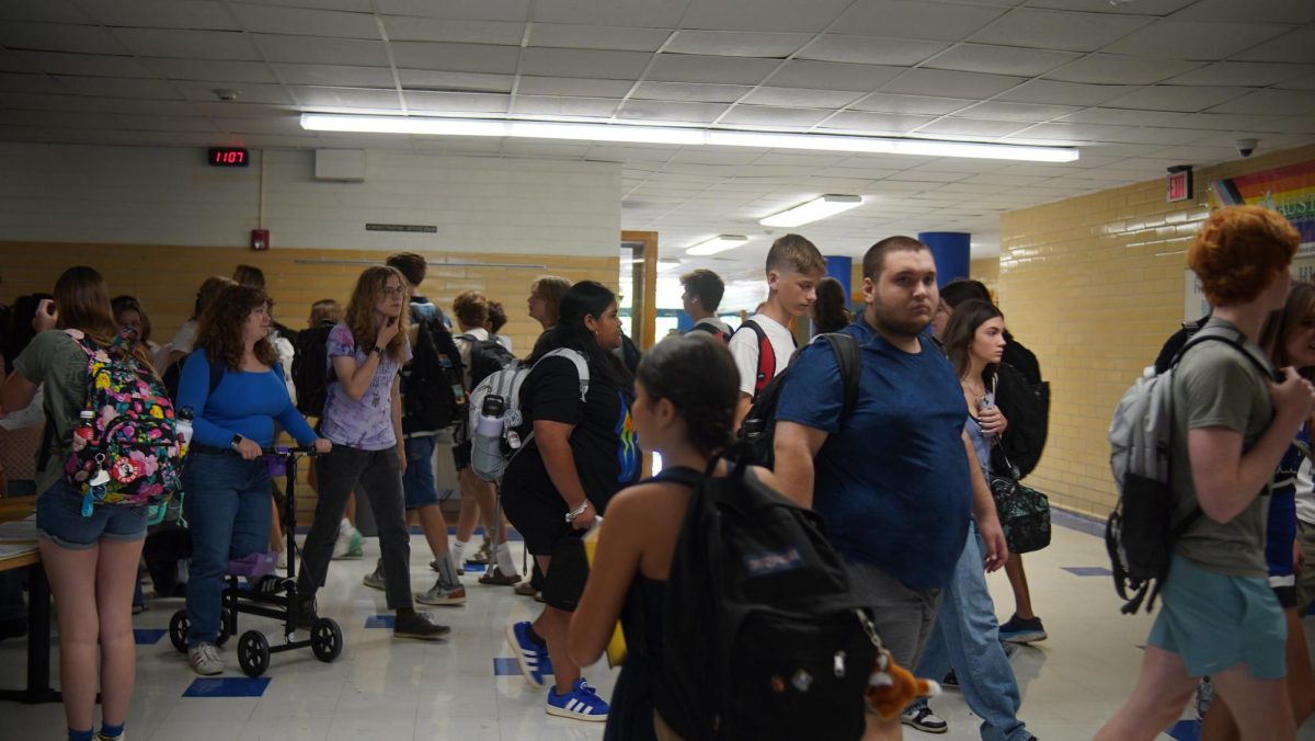 Students try to figure out their schedules on the first day of school