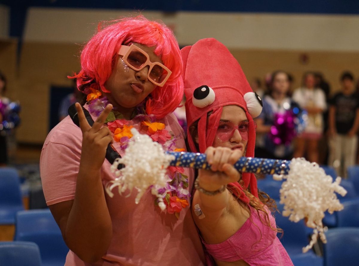 Julia and Trinitiy MCS at pink week pep rally