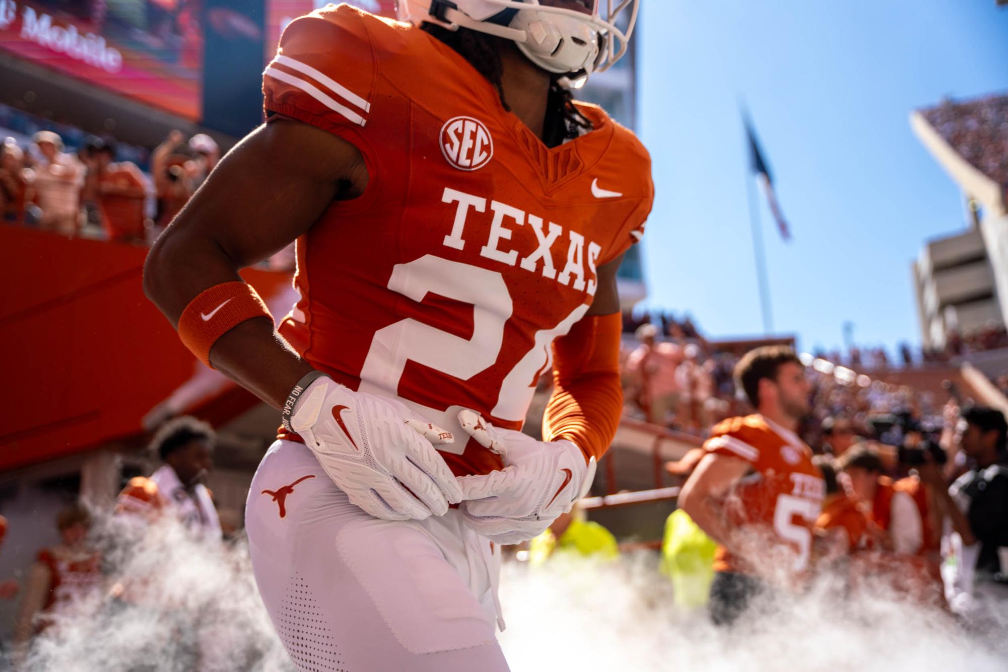 Redshirt freshman defensive back Warren Roberson runs out on to the field at Darrell K. Royal Memorial Stadium prior the the Longhorns' 35-13 SEC victory over the Mississippi State Bulldogs on Sept. 28.