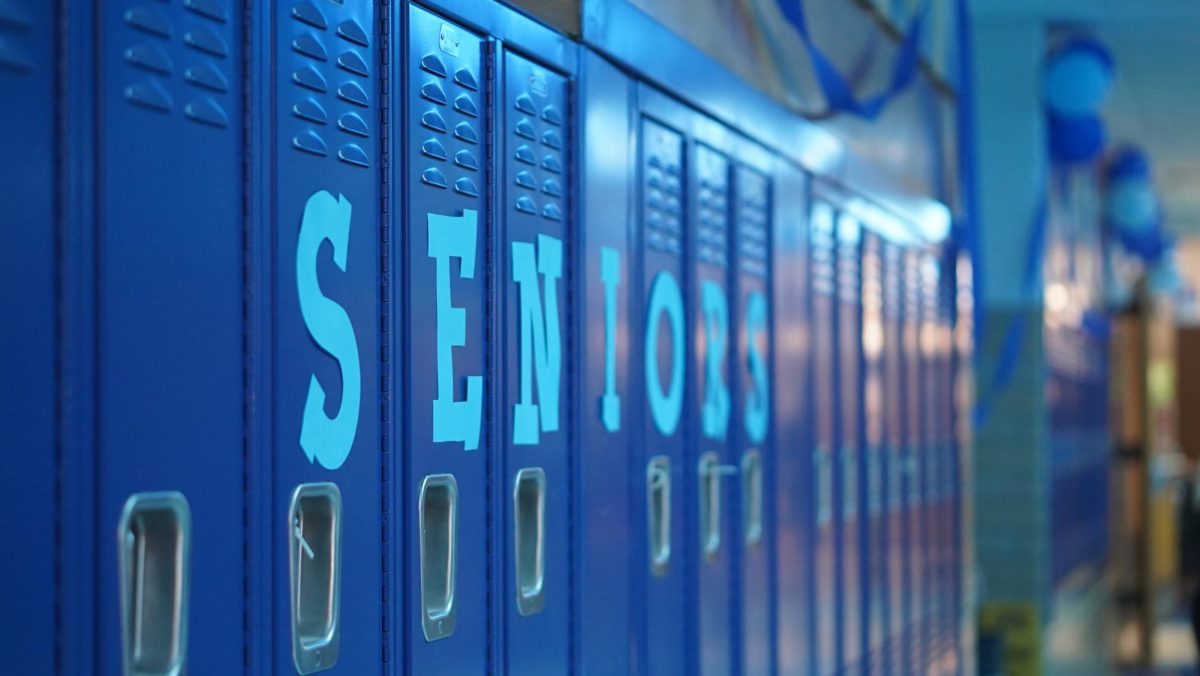 Lockers in the senior hallway decorated for homecoming spirit week. 