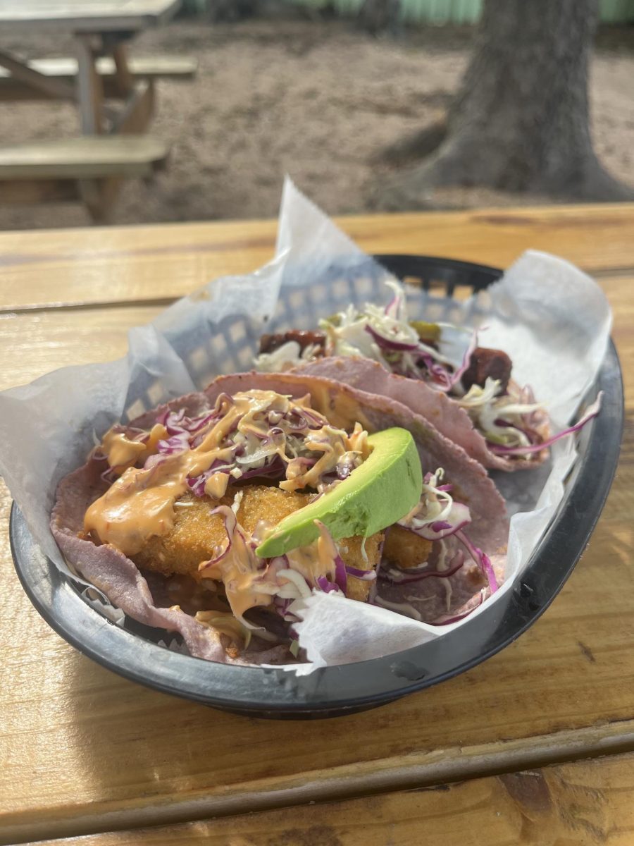 A delicious vegan combo from Double Trouble- their Del Rey tofish taco and BBQ short rib taco.