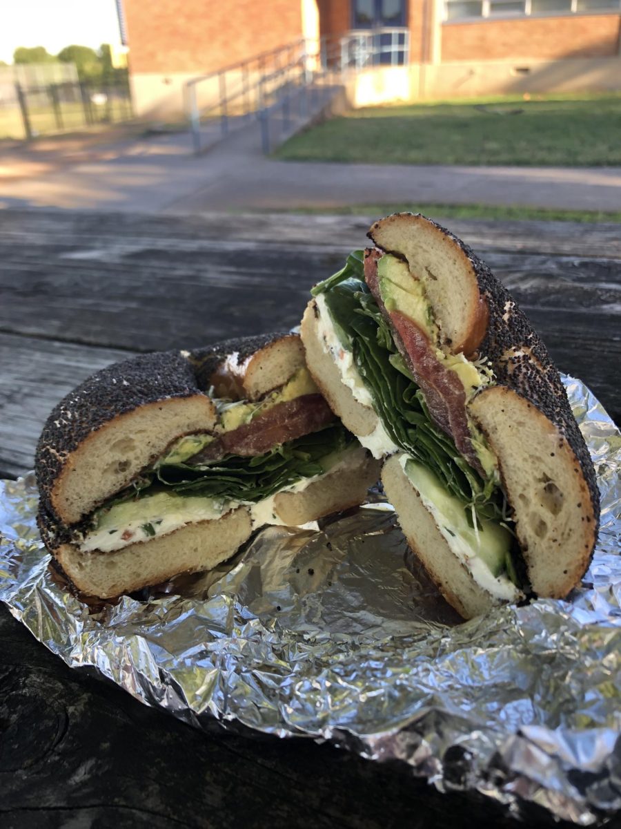 The Treehugger bagel from Nervous Charlie's, which is made of a poppy seed bagel filled with veggie cream cheese, avocado, sprouts, tomato, cucumber and spinach.