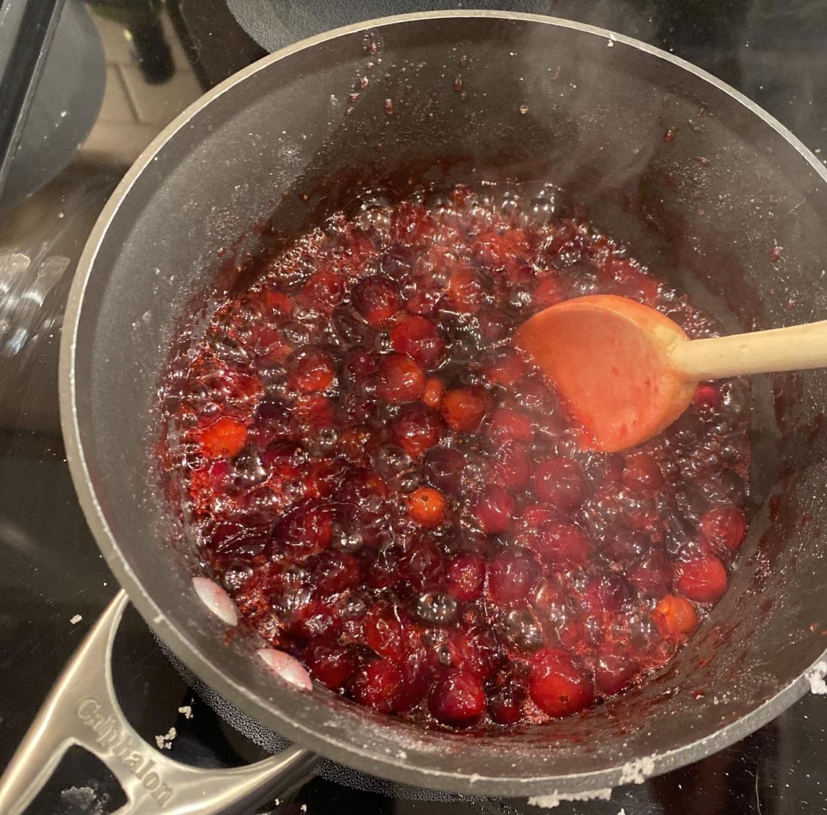 While simmering the cranberries with sugar takes a long time, it is worth it to brings out their rich flavor and beautiful ruby color.