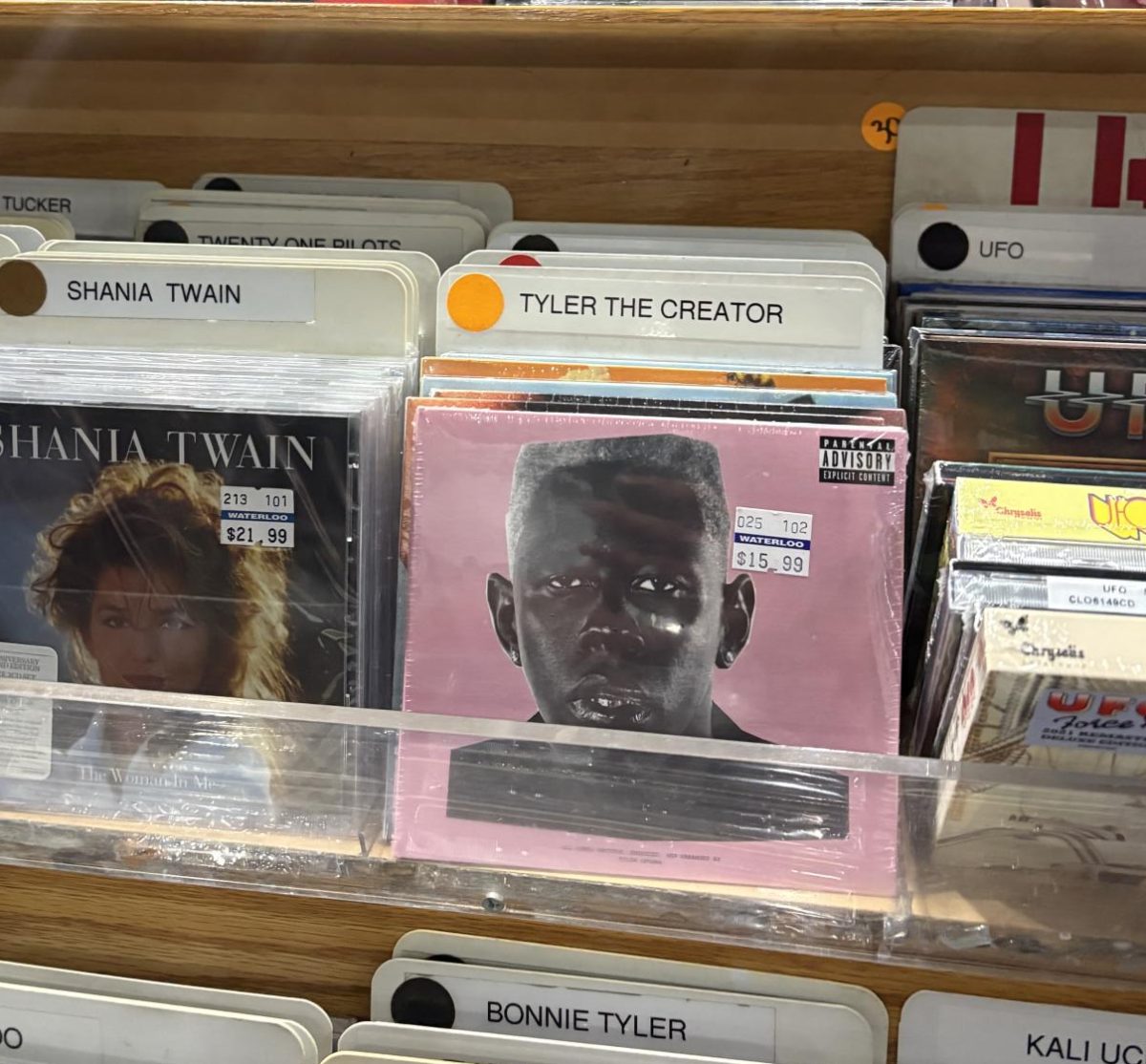 The CD section for Tyler, the Creator at local vinyl store Waterloo Records on the corner of 6th Street and Lamar is a place to spot many of the artist's works past and present.