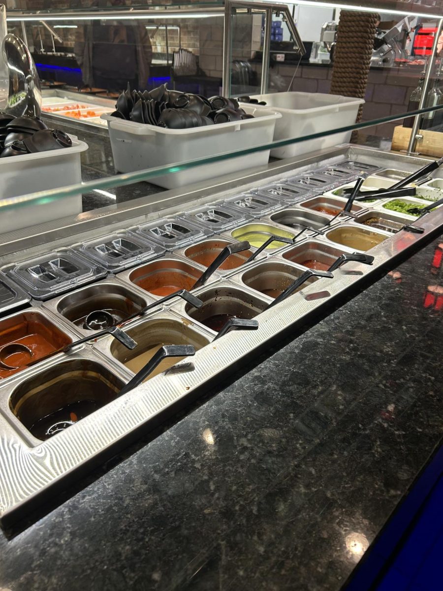 The sauce buffet offered by Soupleaf to customers. 
