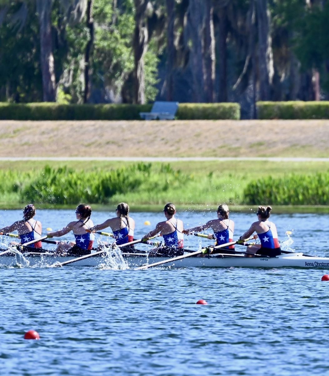 Senior Ella Brotman, the captain of the Texas Rowing Center varsity women's team rows in bow seat for race during national championship. Photo courtesy of Brotman. 