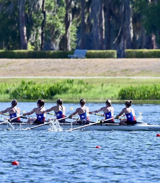 Senior Ella Brotman, the captain of the Texas Rowing Center varsity women's team rows in bow seat for race during national championship. Photo courtesy of Brotman. 