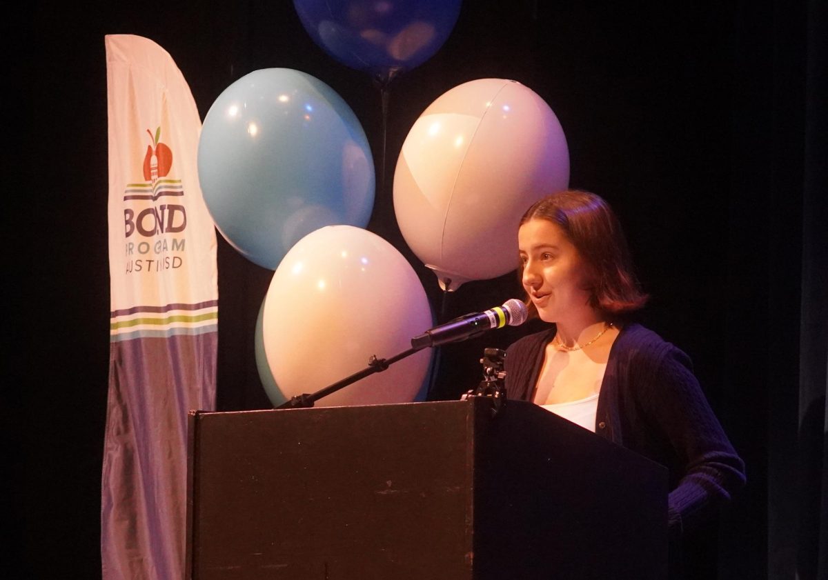 Student body president Kalliope Haltom told the audience that the new dance building, built with funds from the 2017 Austin ISD bond, greatly improved her experience as a Blue Brigade dancers. She said the new science and CTE building will do the same for the STEM students who will come after her. She expressed pride that her school was committed to excellence in both fine arts and science and engineering.