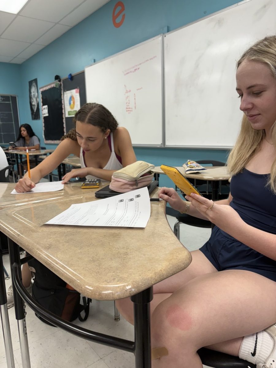 Juniors Corinne Hampton and Olivia Pittman rely on the newly acquired TI-84 calculators to complete their math assignment. 
