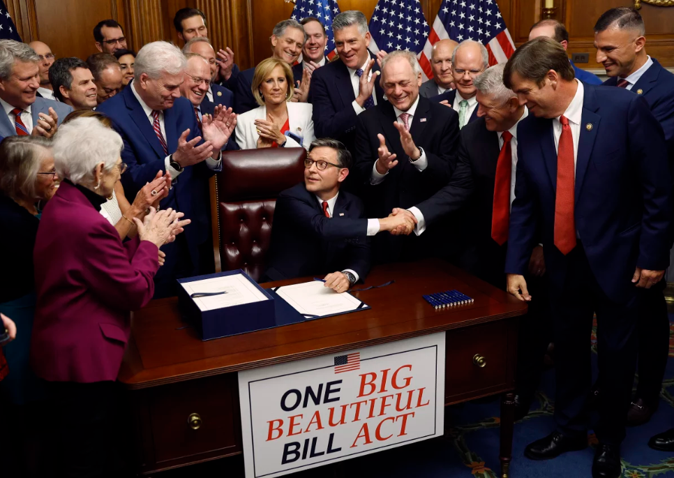 House majority leader Mike Johnson meets with fellow republicans after final passage of OBBBA.