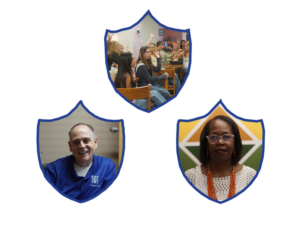 Principal Andy Baxa, secretary of counselors Tonya Moore and fine arts ambassadors in a meeting featured in shields in the graphic. Despite administration changes, including with Moore's role at the school, the traditions and programs in the fine arts academy will continue on. 