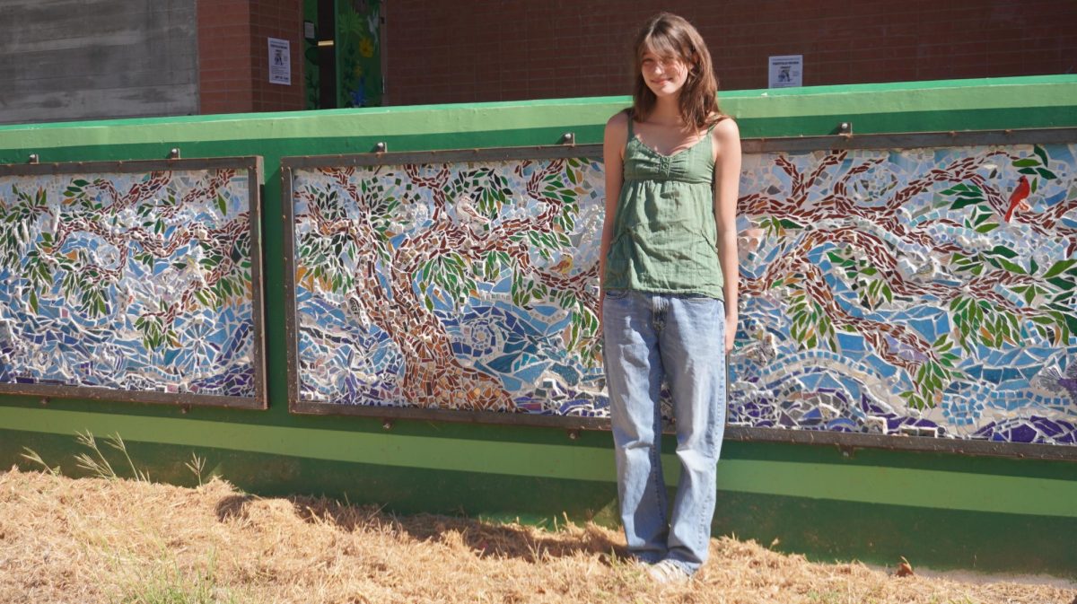 Jane McKenna with her finished Mosaic, outside the McCallum Arts Center. 