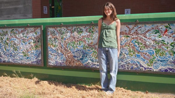 Jane McKenna with her finished Mosaic, outside the McCallum Arts Center. 