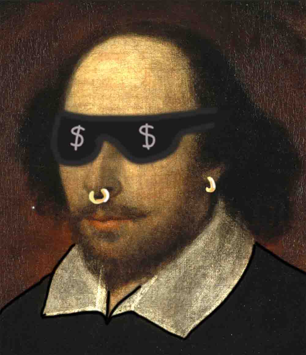 A modern version of Shakespeare with a nose ring, earring and cool glasses.
