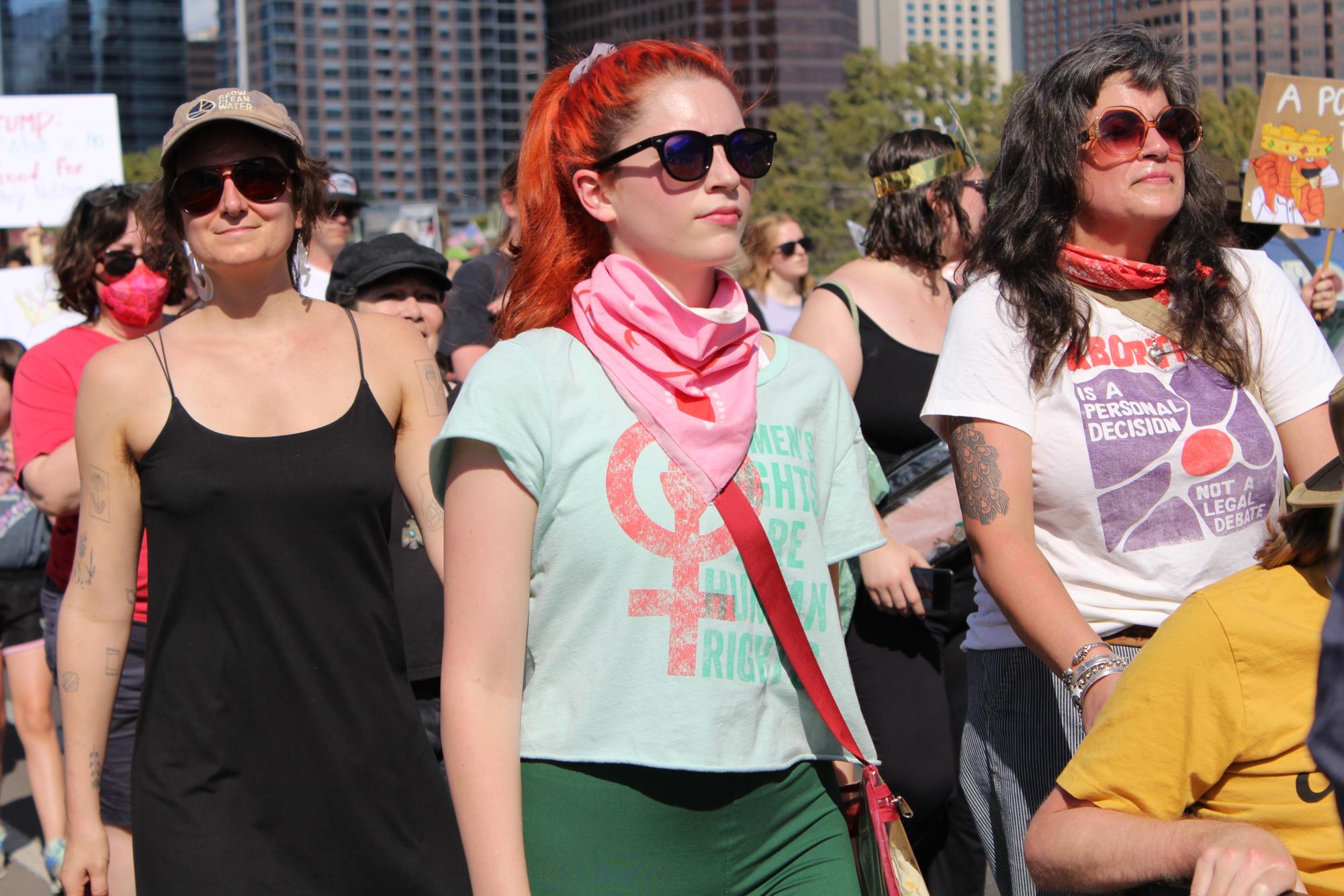 A protester wears a shirt expressing her pro-choice beliefs.