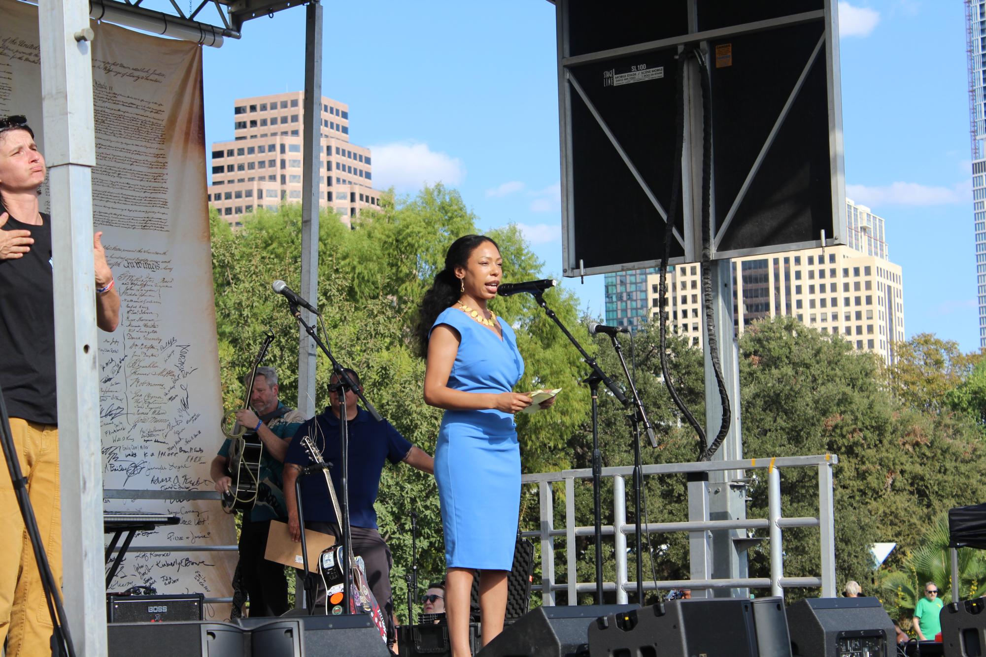 Attorney Yasmine Smith speaks at the No Kings rally.