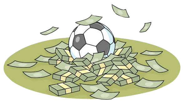 Image of a soccer ball drowning in a pile of money. 