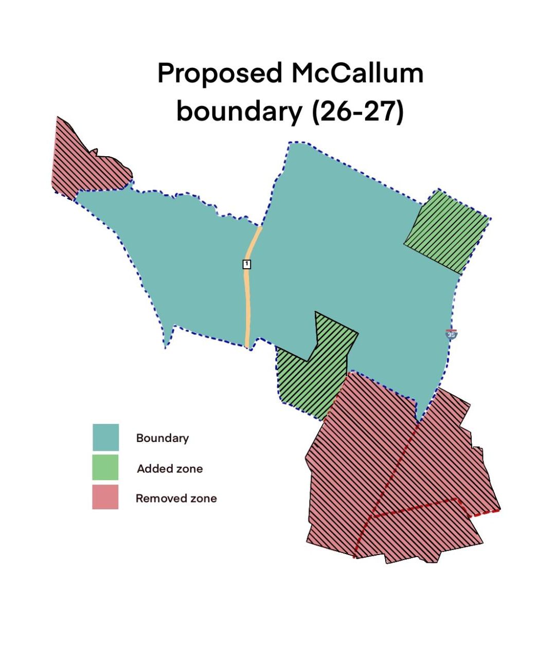 Graphic shows proposed changes to current McCallum boundary zones in AISD consolidation plan. Graphic by Priya Thoppil. 