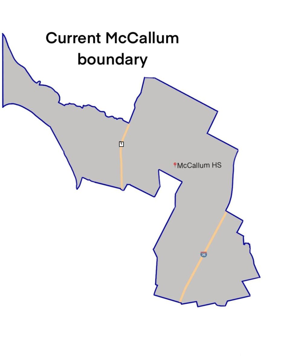 Graphic by Priya Thoppil shows current boundary lines for McCallum HS zoning. 