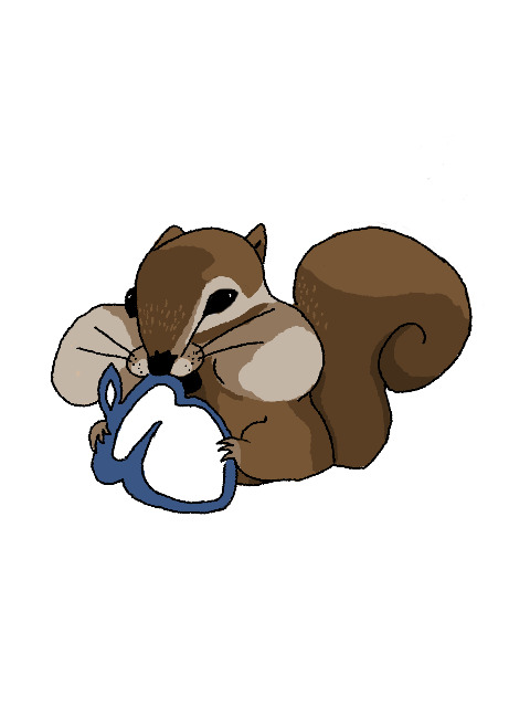 Graphic of CollegeBoard's logo, a nut, in the paws of a gluttonous squirrel, by Zanna Allen.