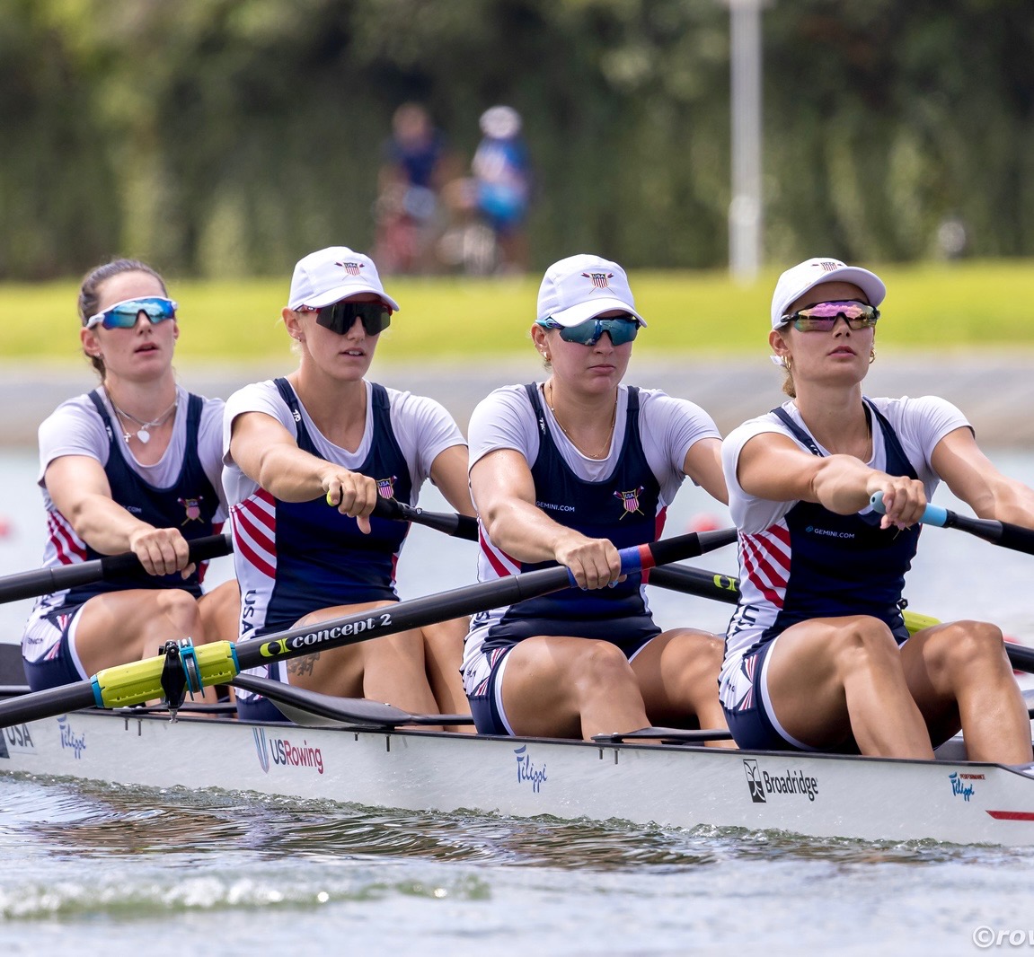 McCallum alum Kate Knifton (left) stands on the podium with her teammates after winning the gold medal at the 2025 World Championships in Shanghai, China. 