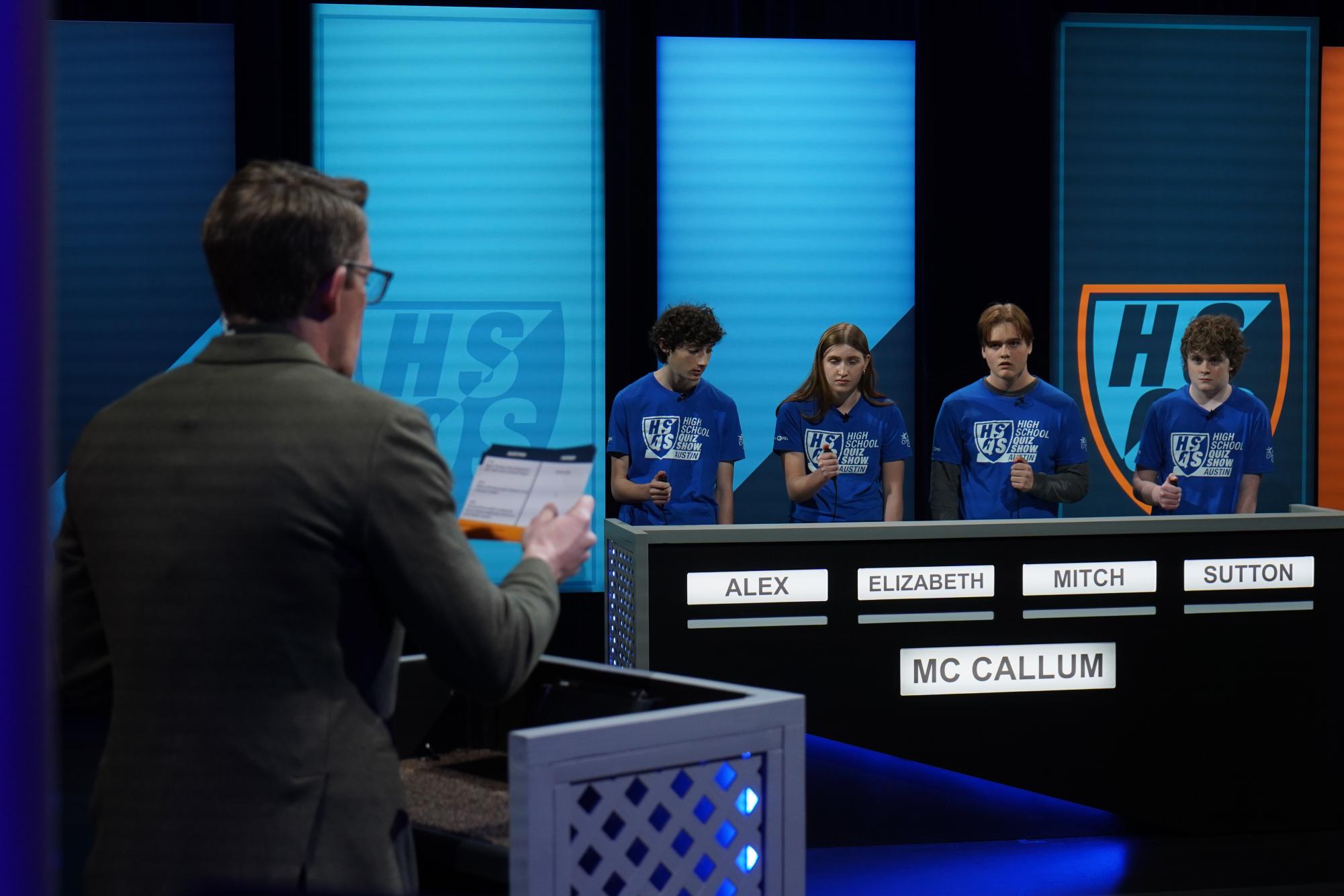 Senior Sutton Banning, juniors Elizabeth Nation and Mitch Peters, and freshman Alex Leon compete against St. Michaels in the live taping of GBH's High School Quiz Show: Austin on February 8th.