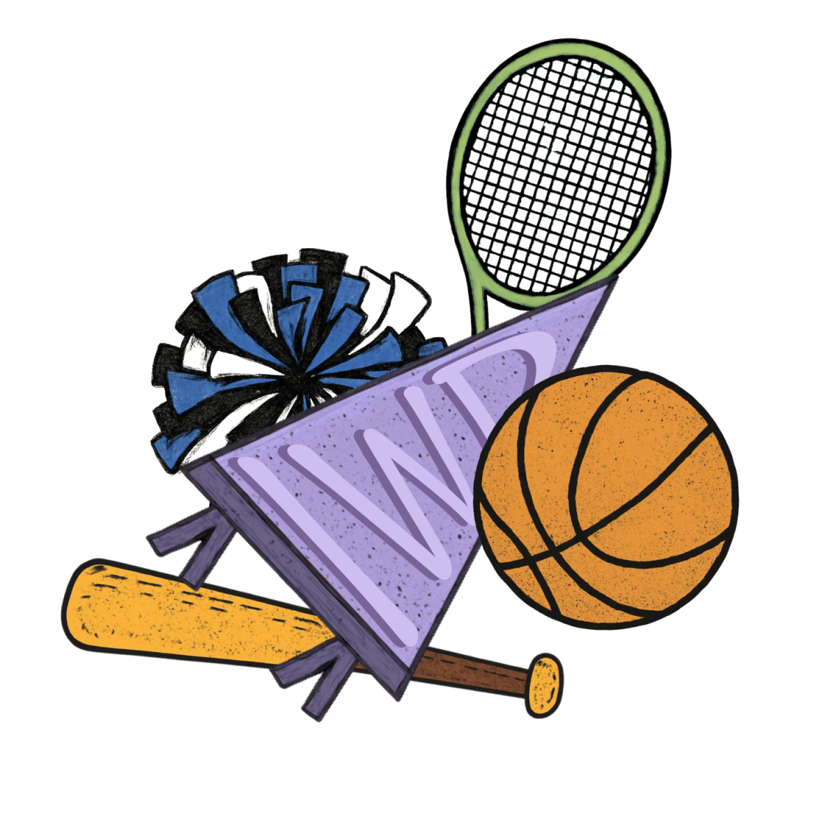 Graphic of International Women's Day (IWD) pennant surrounded by sports equipment.