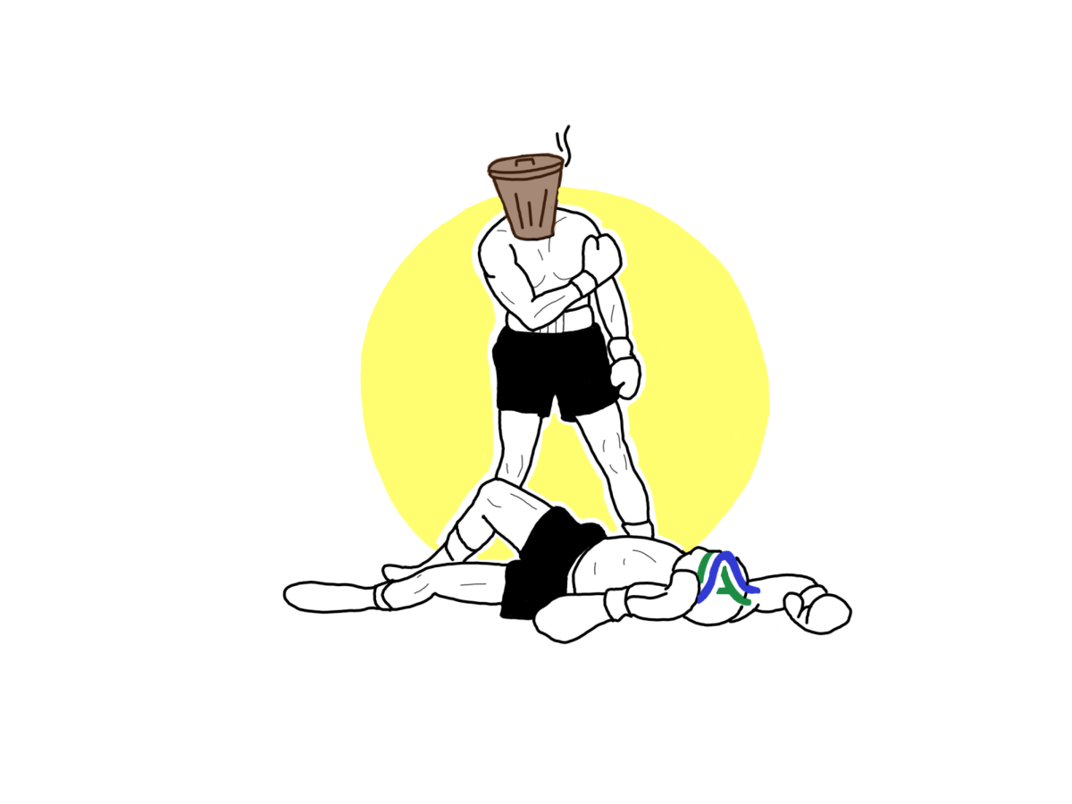 Graphic illustrating the fight between the city of Austin and the ongoing waste issue, the waste beating the city currently. Graphic by Isa Truan. 