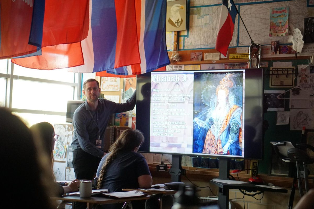 AP European History teacher, Greg Anderson, lectures about Queen Elizabeth II during class on September 17, 2025. 