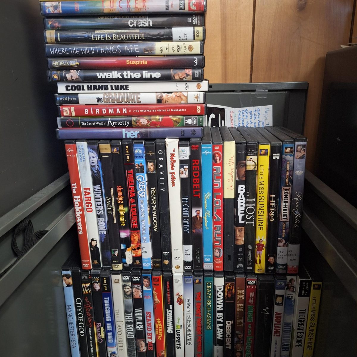 Mr. Wydeven's DVD collection of films, many of which he shows in his Film Analysis class.